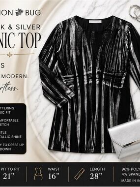 Fashion Bug Dressy Tunic Top Black Silver Print Size S Work Party Blouse
